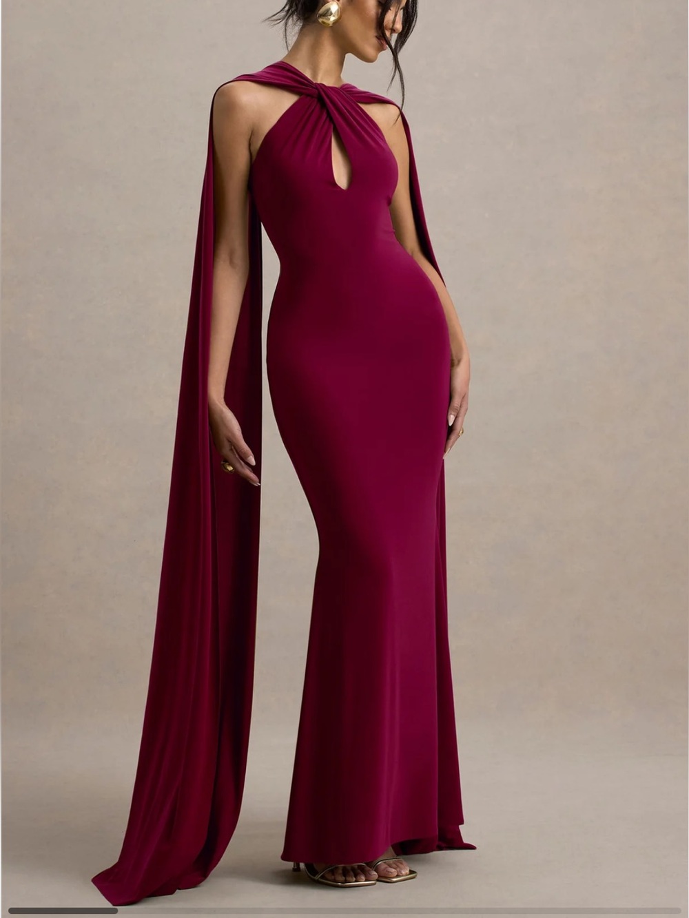 Club London Rhoda Burgundy Twist Halter-Neck Cape Maxi Dress